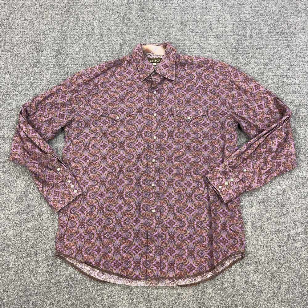 Stetson Shirt‎ Mens L Purple Floral Cotton Long Sleeve Pearl Snap Western Casual